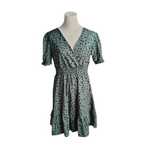Shein Lightweight Deep Green Black Leopard Print Ruffled Dress Size Large